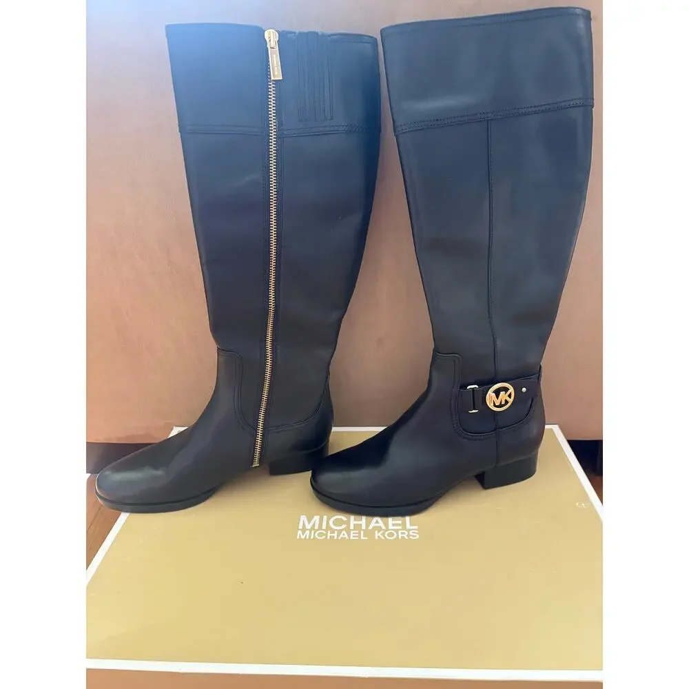 NWT Michael Michael Kors Harland vachetta leather riding boot in black with gold - Picture 4 of 6